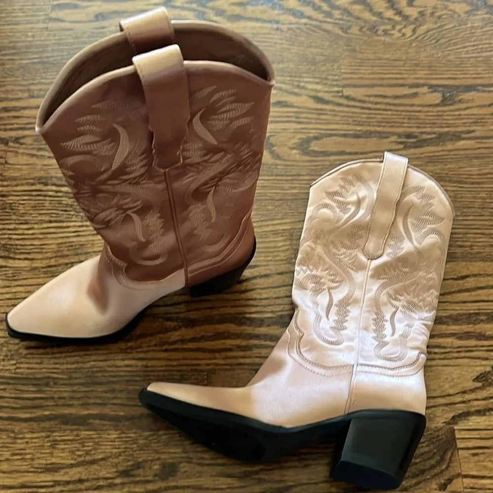 Free People Dagget Western Boots Champagne Rose Satin Amaya Western Size 6